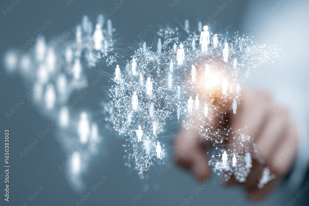 Aufkleber digital network connecting business people icons across a global map design showing the integration 