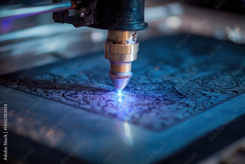 Aufkleber close up view of a laser engraving machine etching intricate designs onto material, showcasing preci