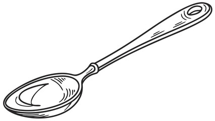 A simple line drawing of a metal spoon with a long handle and a small hole at the end of the handle