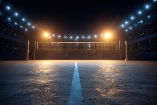 Professional volleyball court illuminated at night, ready for competitive matches in an indoor sports arena with bright floodlights shining down