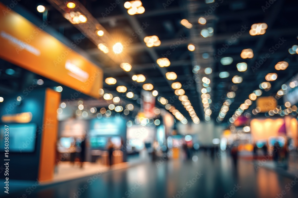Poster expo center illuminated by warm golden lights during a bustling event with attendees exploring vario
