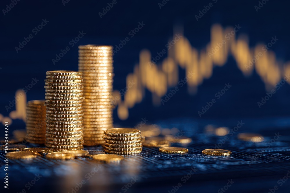 Poster gold coins stacked on a dark surface with a blurred financial graph in the background showcasing con