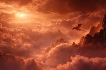 Majestic dragon soars through a mystical landscape filled with clouds and fiery sunset behind towering mountains