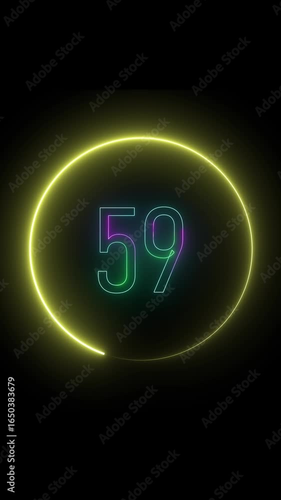 Poster sleek neon number 59 animation inside luminous circle vertical video. animated neon number fifty nin