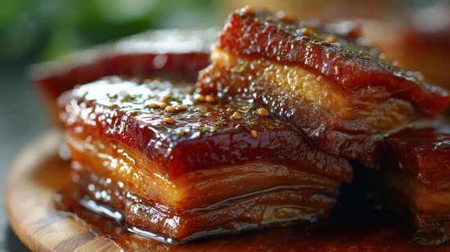 Japanese Kakuni Pork Belly Garnished with Sesame and Herbs
