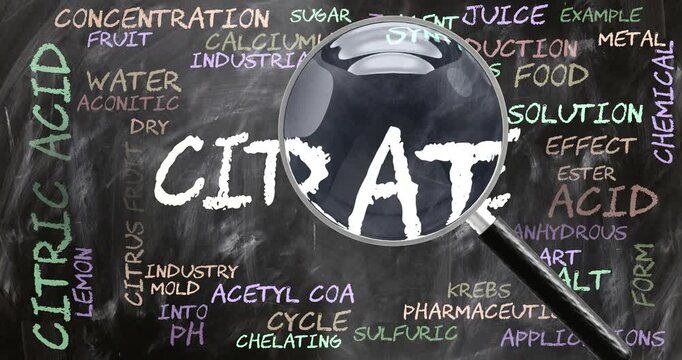 Citrate being studied, examined - under close inspection. Most important subjects and ideas closely related to citrate written on a blackboard inspected by a magnifying glass. Can be looped