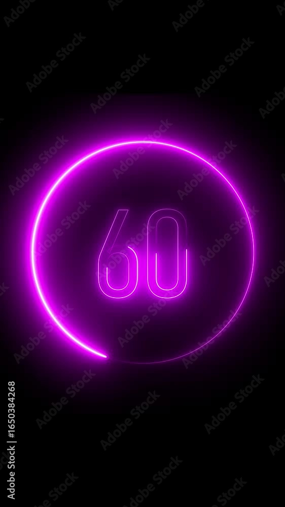 Poster futuristic neon number 60 inside luminous circle vertical video. animated neon 60 countdown timer in