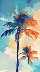Colorful abstract palm trees against a vibrant sky