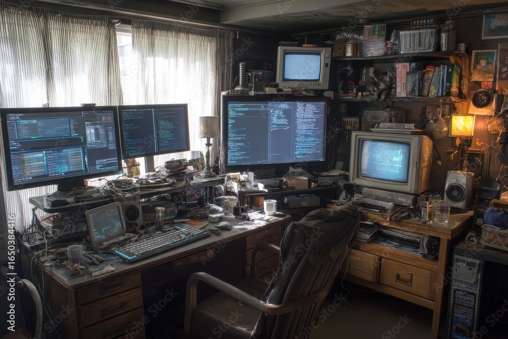 Poster cluttered programmers workstation filled with multiple monitors, scattered notes, and coding display
