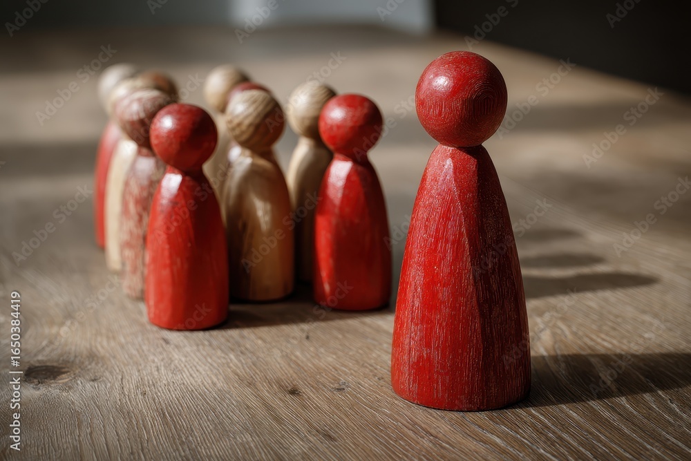 Poster group of wooden figures with a red leader discussing strategies on a wooden table in a collaborative
