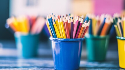 Colorful pencils in small blue cups