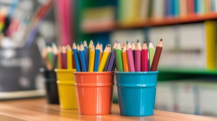 Colorful pencils in small, colored cups on a wooden surface