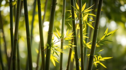 Lush Green Bamboo Forest Sunlight Illuminates Vibrant Yellow Green Leaves Tranquil Natural Scene Serene Peaceful Atmosphere