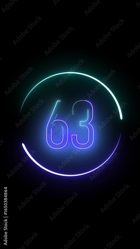 Aufkleber number sixty three in glowing neon circle animation vertical video. animated neon number sixty three