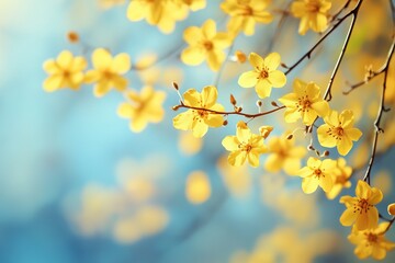 Delicate yellow blossoms against a soft blue background
