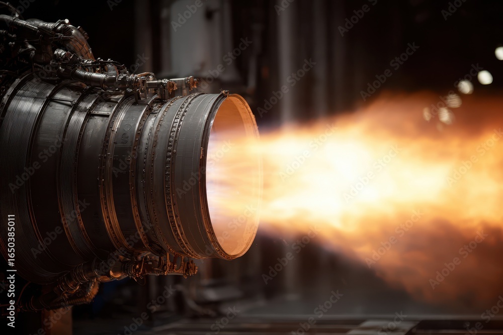 Poster close up view of a rocket engine nozzle showcasing exhaust flame during testing at a propulsion faci