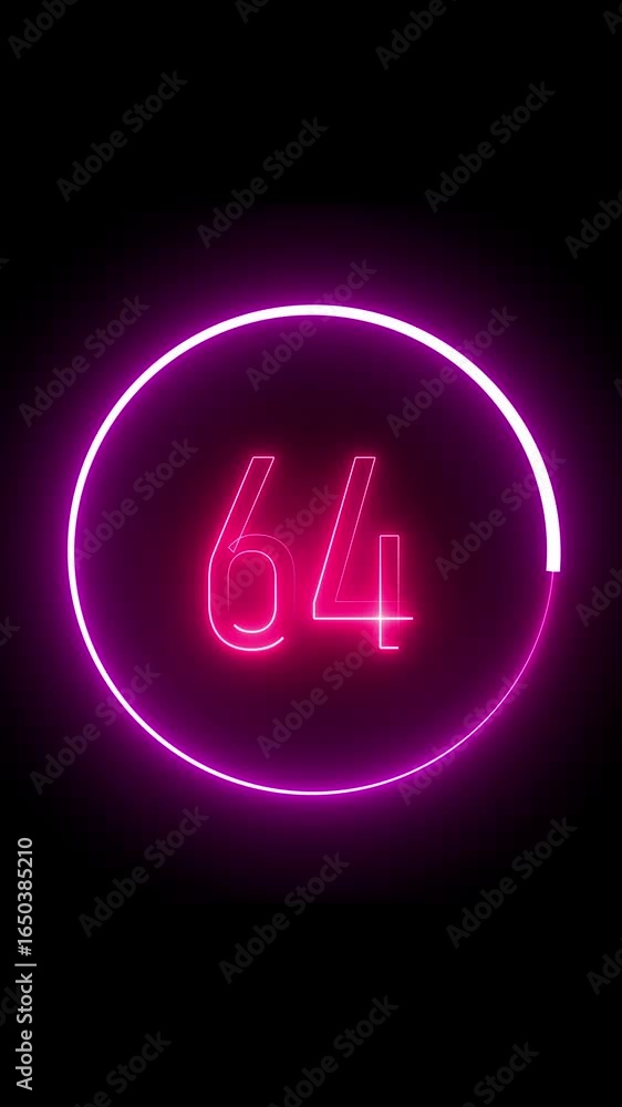 Aufkleber countdown number sixty four glowing in circle vertical video. neon number sixty four displayed in a 