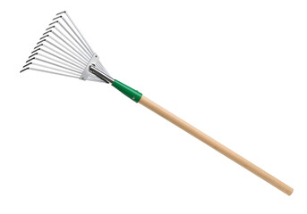 Metal-tined garden rake with a wooden handle.