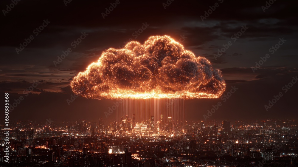 Poster creative glowing cloud hologram on illuminated night city backdrop cloud computing and database conc