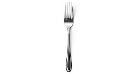 Single silver metal dinner fork standing upright on an isolated transparent background.