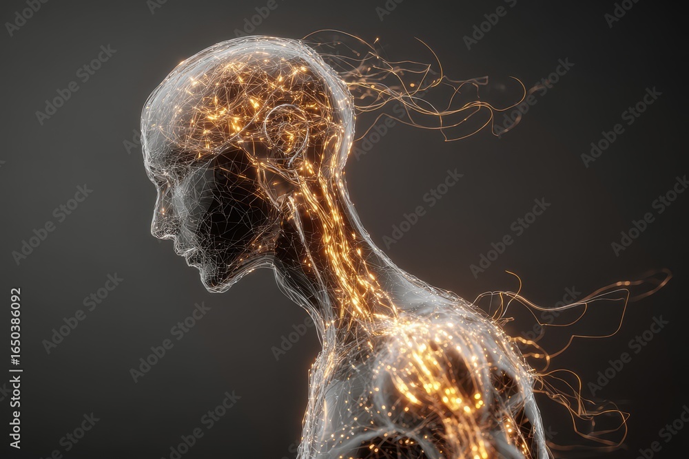 Poster futuristic humanoid figure with glowing neural patterns in an abstract environment showcasing advanc