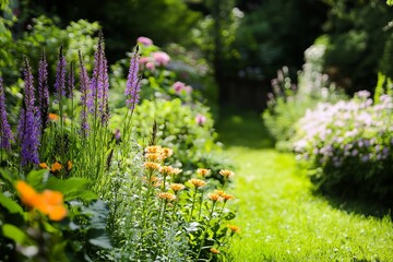 Lush garden path lined with vibrant flowers