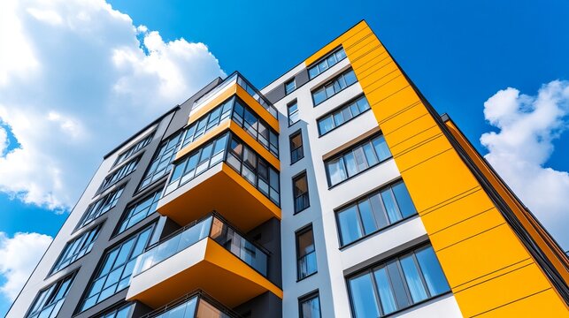 Modern apartment building with bright yellow accents against a clear blue sky