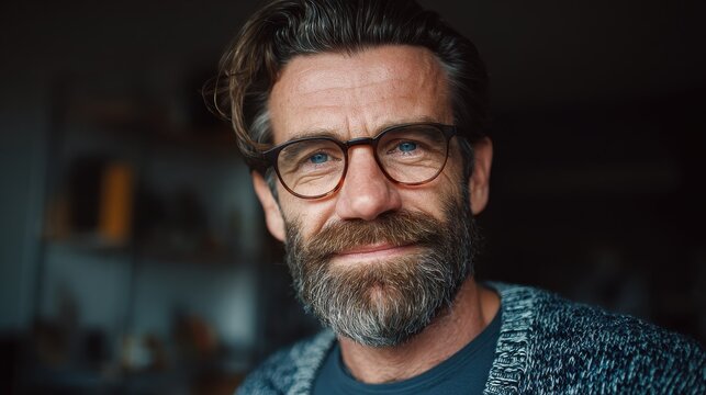 smiling relaxed mature older bearded hipster man looking at camera happy handsome confident middle aged 50s male professional standing at home office posing indoors for close up headshot portrait no 