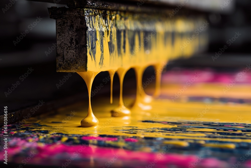 Poster dripping yellow ink merging with vibrant cmyk colors in a creative printing process showcasing artis