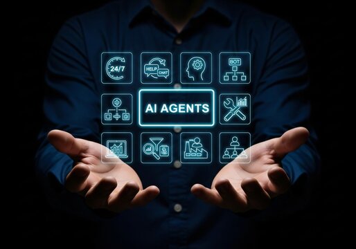 AI Agent Technology for Automation and Virtual Assistance. Person using laptop with AI agents icons, smart assistant, artificial intelligence elements, automated, chatbot, and intelligent systems.
