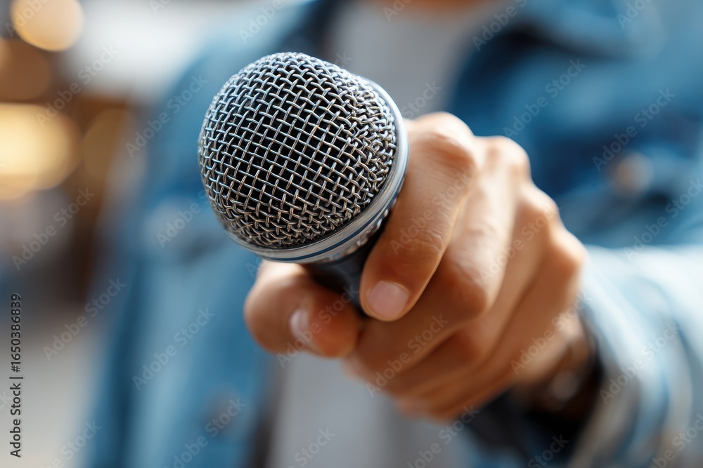 Poster close up of person confidently speaking into a microphone during an event held in a casual setting o