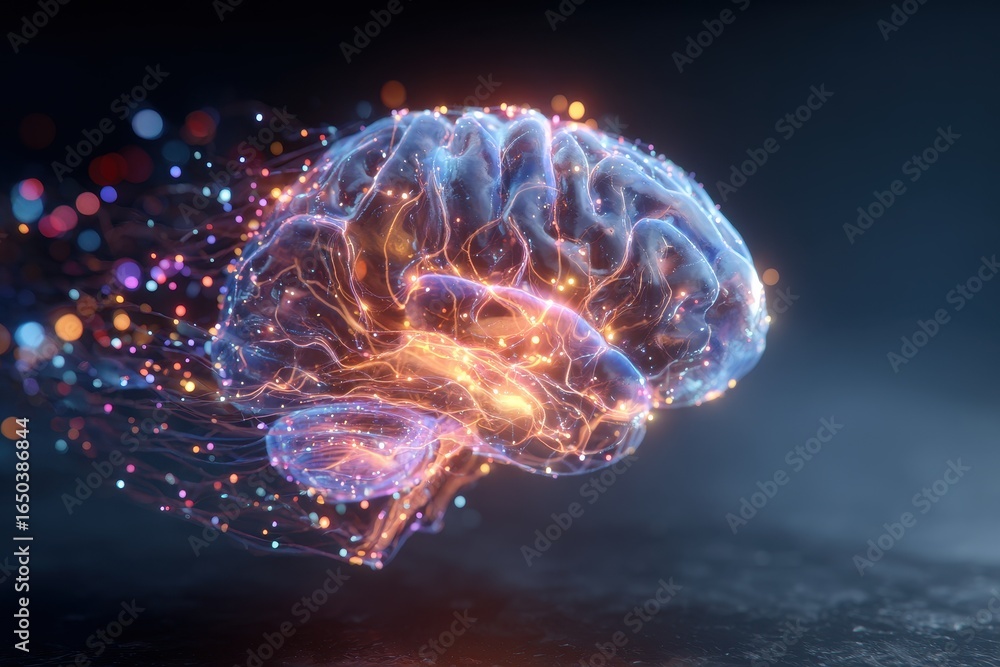 Poster glowing brain visualization with intricate neural pathways and colorful connections illuminated agai