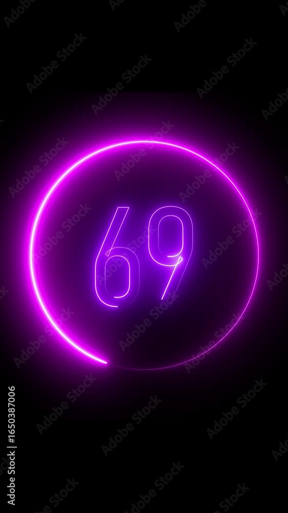 Aufkleber digital neon ring highlighting sixty nine vertical video. glowing neon 69 digit with a circle displa