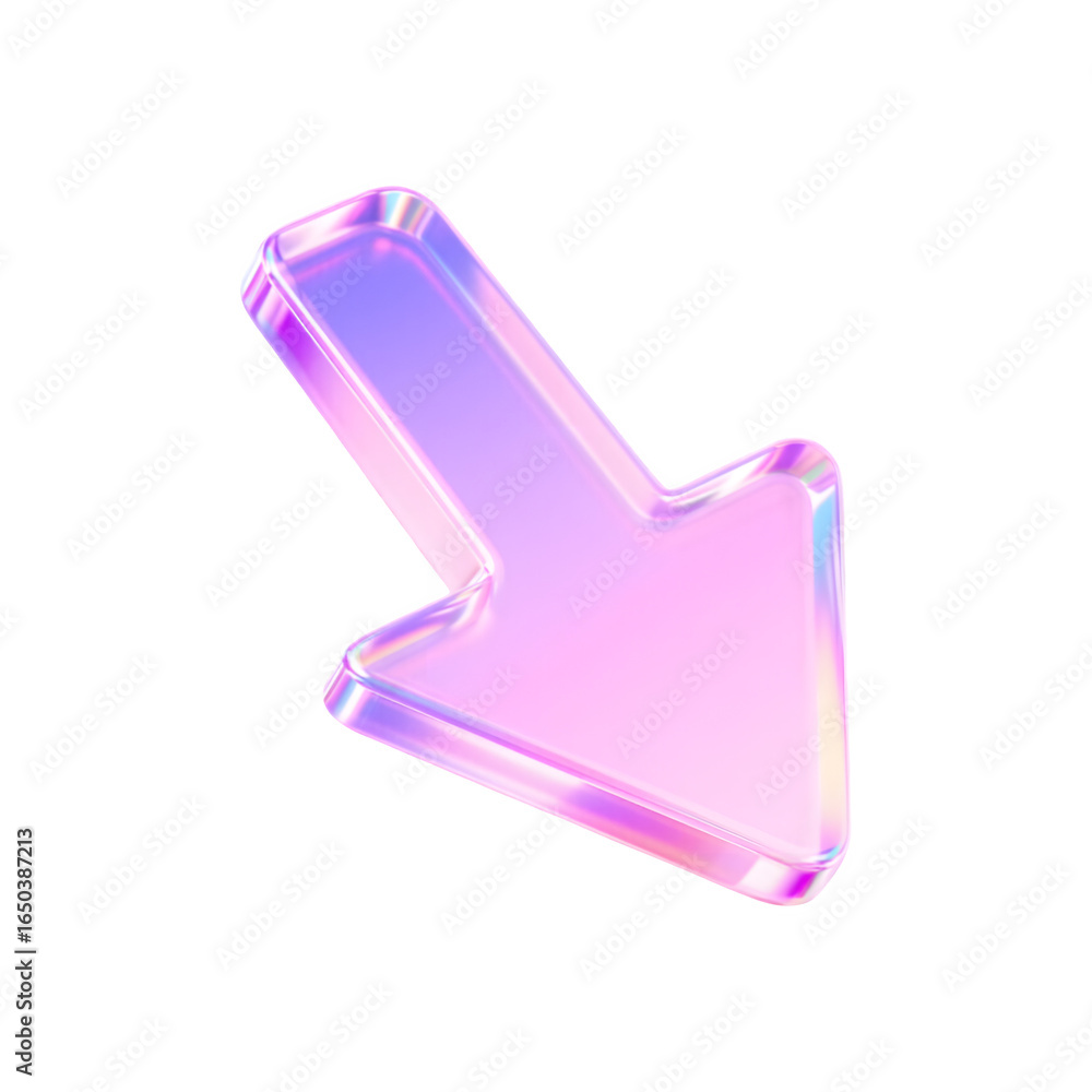 Poster iridescent glass arrow pointing down and to the right in a 3d render isolated on transparent backgro
