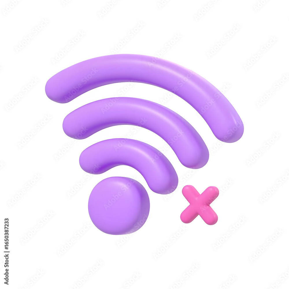 Poster 3D Rendering Purple Wifi Symbol with Crossed Out Signal on Transparent Background