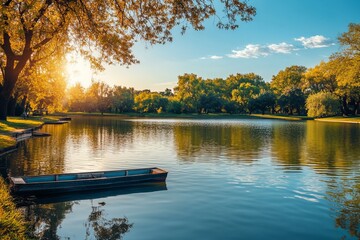Serene park pond at sunset