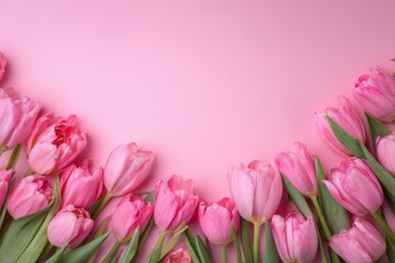 Obraz premium Pastel pink tulips create a soft and elegant frame on a serene pink background for a visually soothing experience