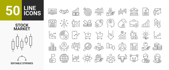 Set of 50 editable line icons of the stock market. Includes stocks, stock exchange, financial goals, shares, investments, bull market, bear market, and more. Editable stroke. Vector illustration.
