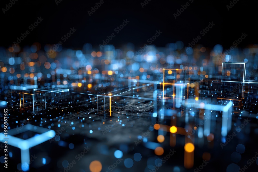 Poster exploring abstract artificial intelligence technology through a digital landscape filled with glowin