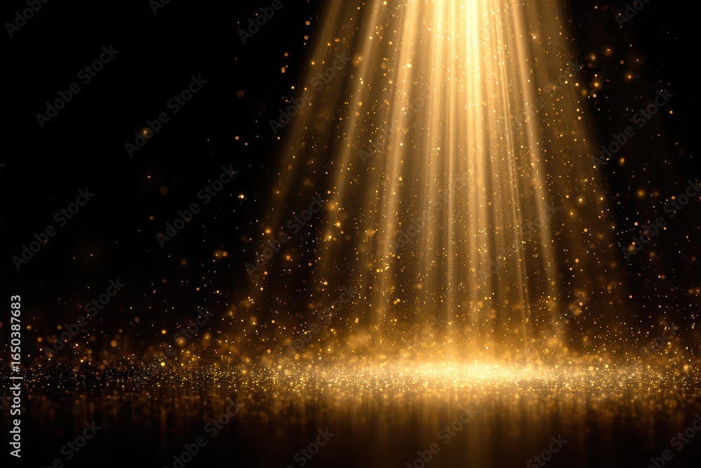 Poster golden light particles create an enchanting glow with a luminous beam illuminating the dark backgrou