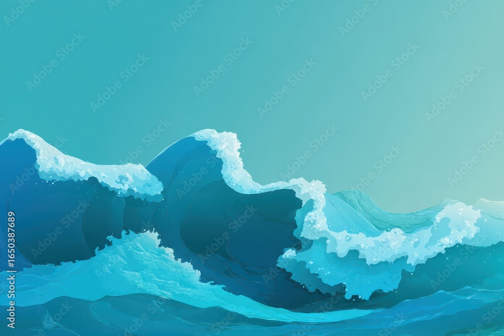 Poster dynamic blue ocean waves create a vivid contrast against a calming green background in a mesmerizing