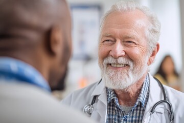 Volunteer doctor provides care and consultation to an elderly patient in a community health setting during a daytime event
