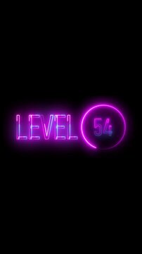Animated neon level fifty four sign. Radiant and modern visual. Glowing neon level 54 signage with vibrant blue and purple colors on black background.