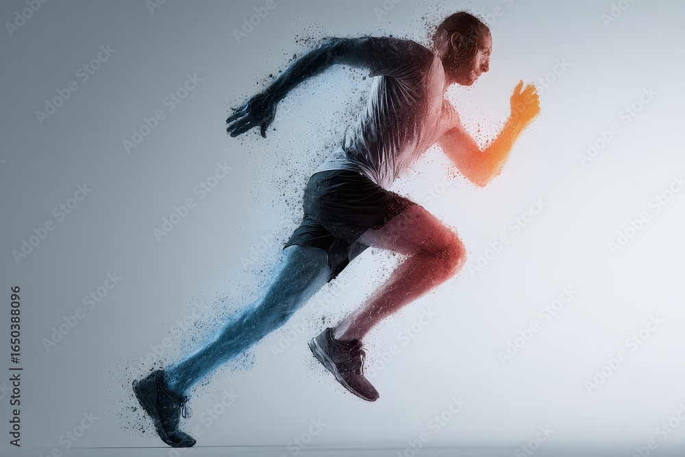 Poster dynamic man in motion with colorful transparent legs running energetically against a neutral backgro