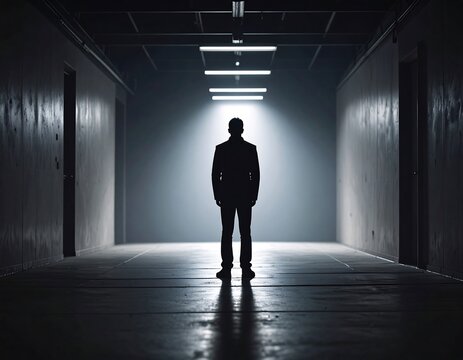 Man Silhouette Dark Corridor. - Powered by Adobe