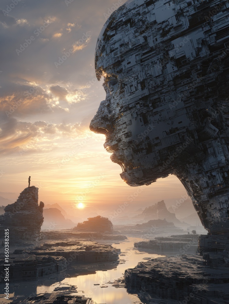 Poster exploring the synergy of human intellect and artificial intelligence in a futuristic landscape gener