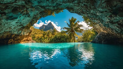 Majestic cave with a serene pool of bright blue water nestled in the lush mountains of Jamaica, captured through high-quality photography with warm natural light illuminating the scene.