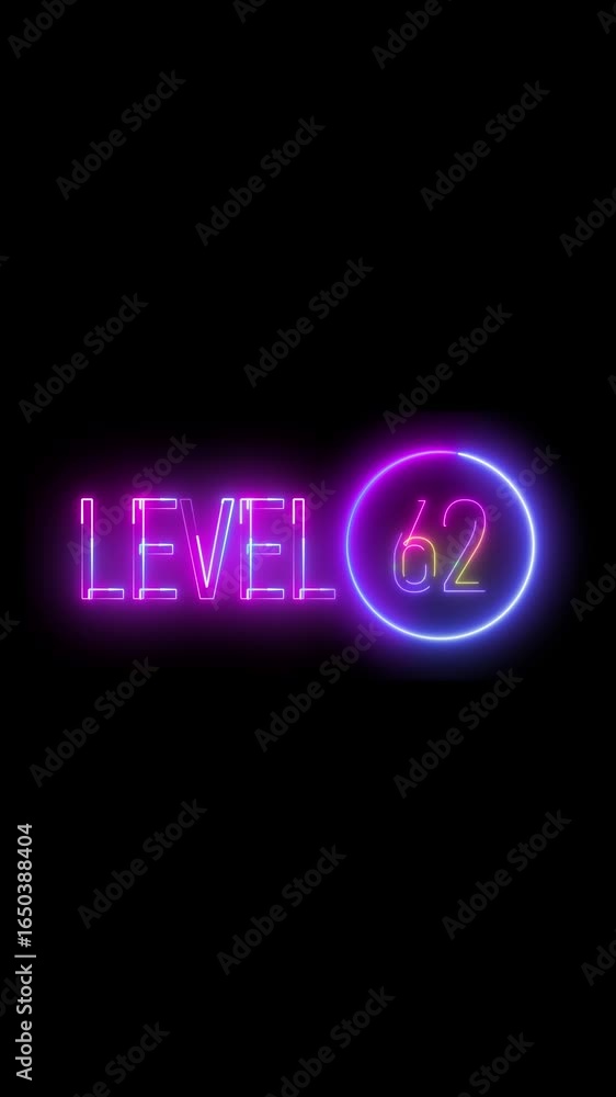 Aufkleber glowing level sixty two in neon style. eye-catching vertical animation. neon level 62 glowing animat