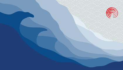 Abstract Japanese wave illustration in layered papercut style with blue tones and seigaiha background. Minimal and elegant composition with red sun motif, ideal for prints, textiles and decor.
