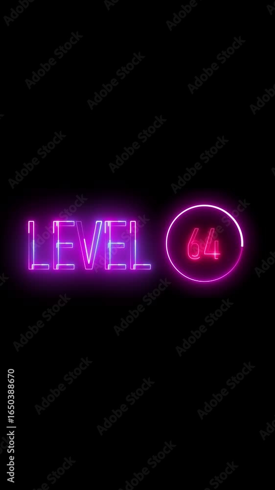 Poster level sixty four glowing in neon lights. smooth animation effect. glowing neon sign displaying level